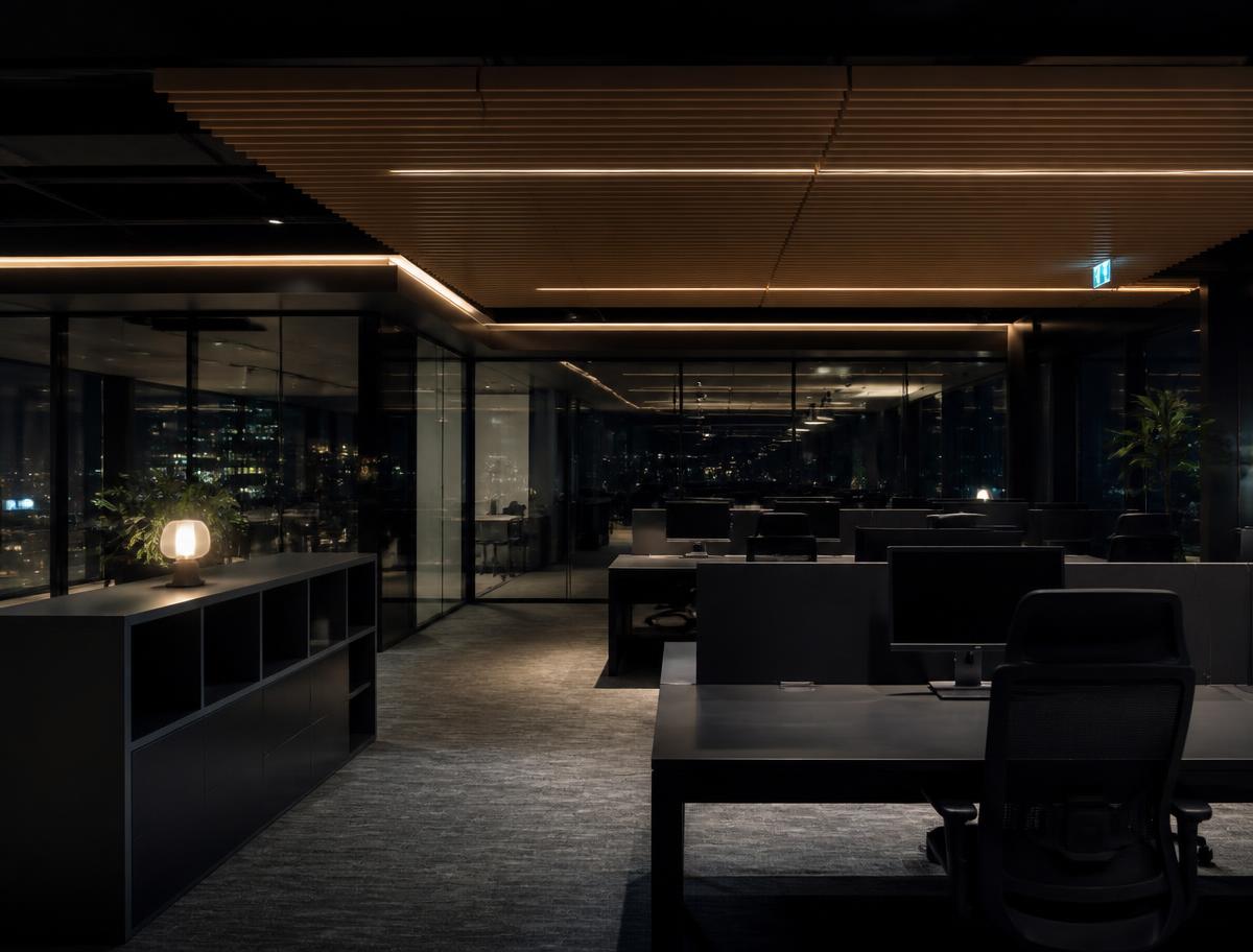 Modern commercial office interior at night