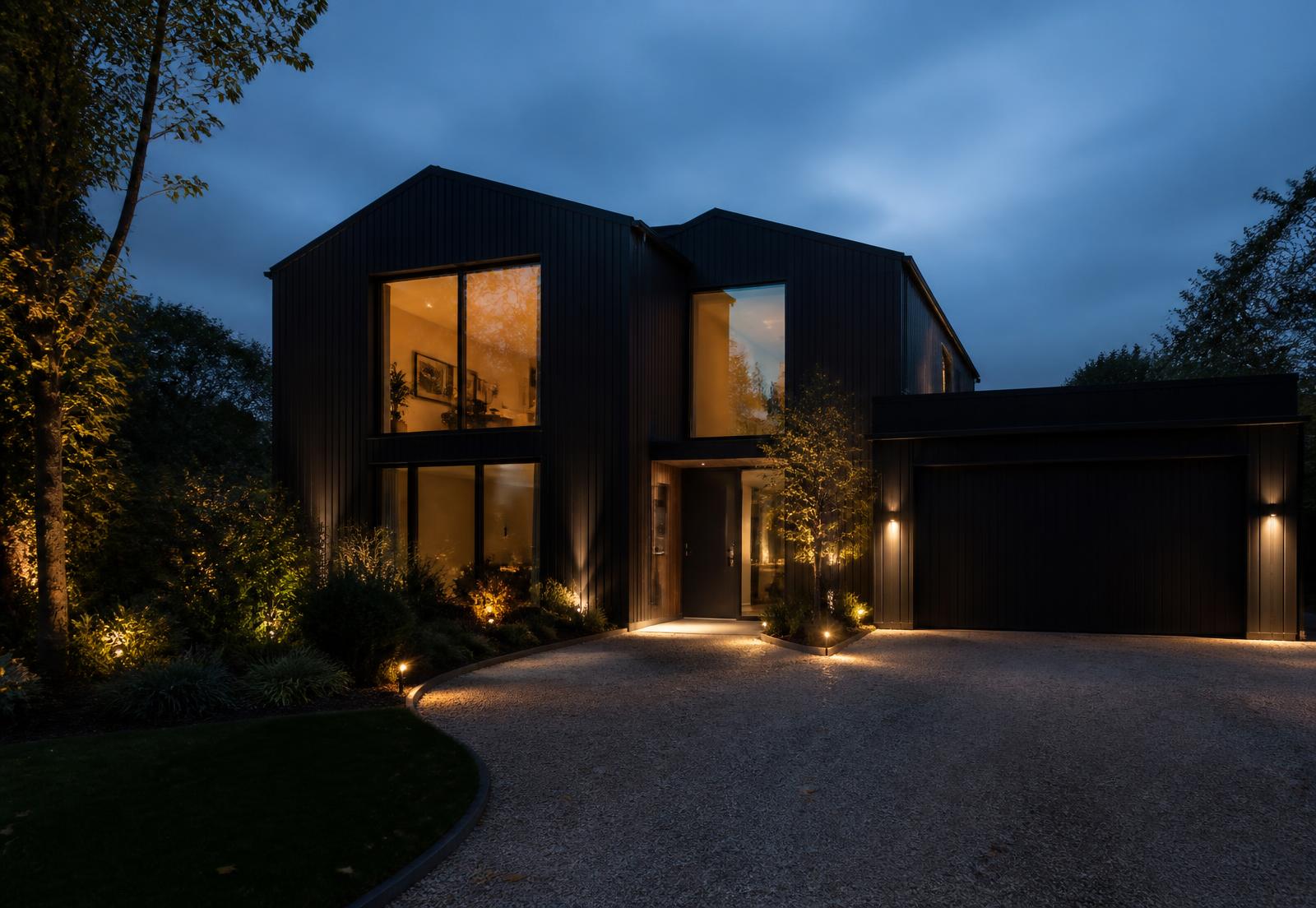 Contemporary dark-clad UK home lit at dusk