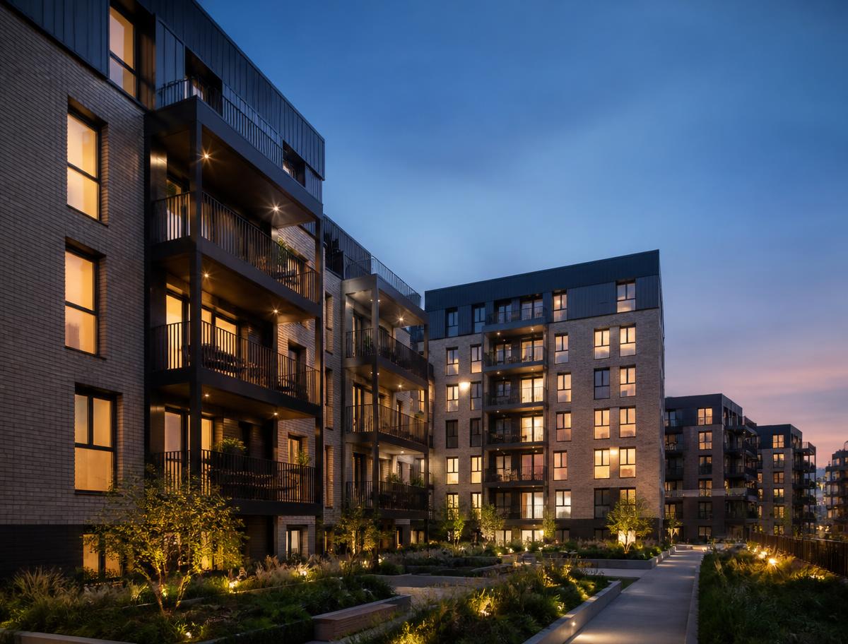 Contemporary residential apartment development at dusk