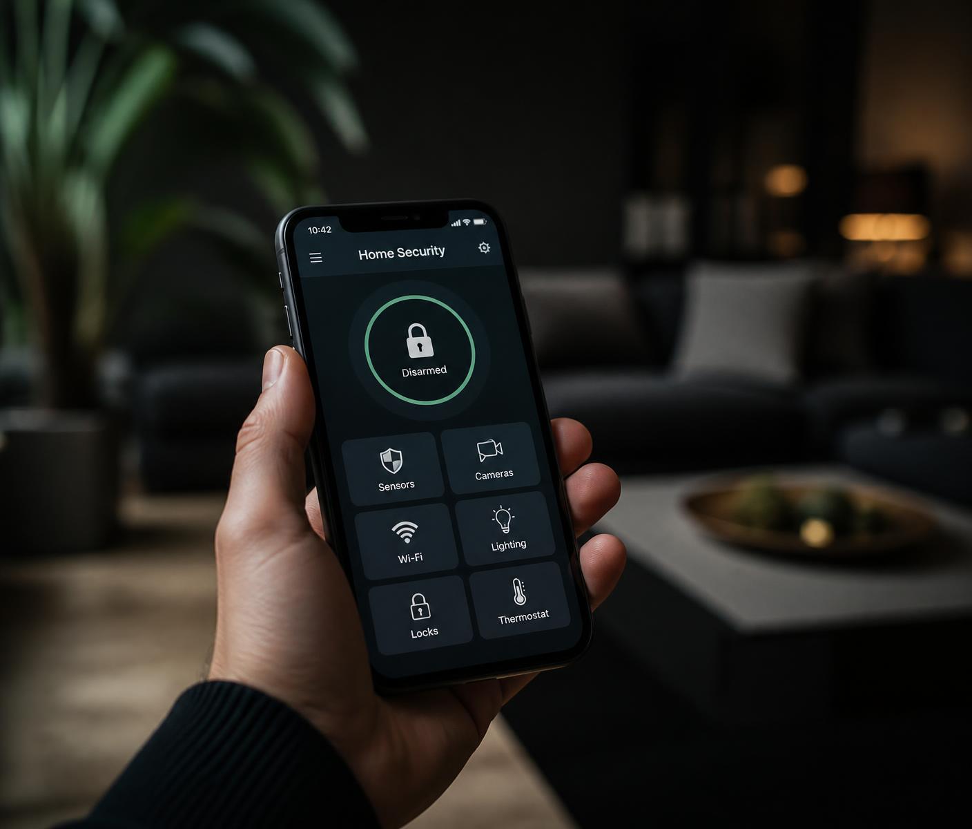 Person using a smartphone app to check their home security system